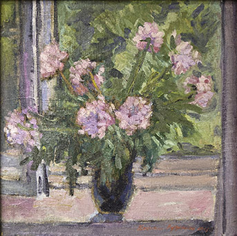 Peonies on the windowsill. Oil on canvas on plywood, 74 x 74 cm (29.1 x 29.1 inches). 2013