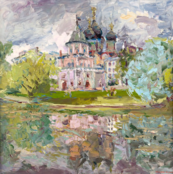 Lilac harmony. The bridge tower and the church of Pokrova in Izmaylovo. Oil on canvas, 100 x 100 cm (39.4 x 39.4 inches). 2007