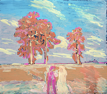 «On the road to Murom stood three pine trees...». The light fields and the pine trees. Acrylic and oil on paper, 103 x 120 cm (40.6 x 47.2 inches). 2002