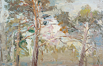 Month of March in the forest near Cherepkovo. The three pine trees. Oil on canvas, H 72 x W 110 cm (H 28.3 x W 43.3 inches). 1995