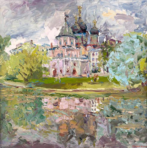 Lilac harmony. The bridge tower and the church of Pokrova in Izmaylovo. Oil on canvas, 100 х 100 cm (39.4 x 39.4 inches). 2007.