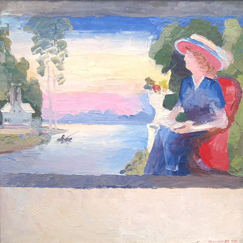 Popular painting motif of a lady sitting on a red armchair - Triptych. Oil on canvas, 72 x 72 cm (28.3 x 28.3 inches). 1992.
